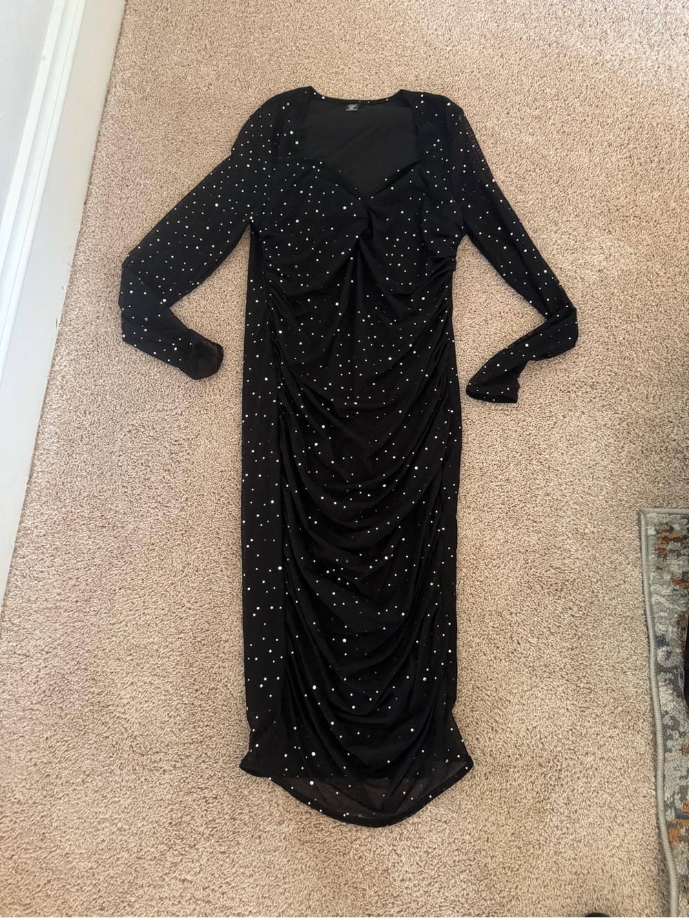 SHEIN Black Long-Sleeve Ruched Midi Dress with Sparkle Dots